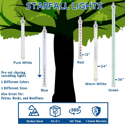 Novelty Lights Meteor Shower Lights, LED Cascading Starfall Icicle Tubes, Pack of 5, UL Listed, Durable Polycarbonate Lens, E17/C9 Standard Base,