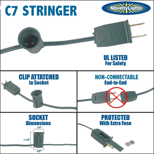 Novelty Lights 100 Foot C7 Outdoor String Light Christmas Stringer - Patio String Lights - Candelabra Base