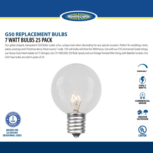 Novelty Lights 25 Pack G50 Outdoor Patio Globe Replacement Bulbs, E17/C9 Intermediate Base, 7 Watt