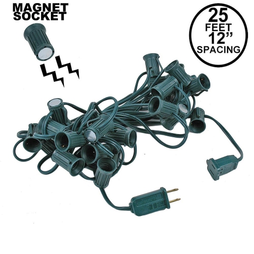 Novelty Lights C9 Magnetic Socketed Holiday Light String, Green Wire with 12 Inch Spacing, E17 Sockets, For Indoor or Outdoor Steel Surfaces