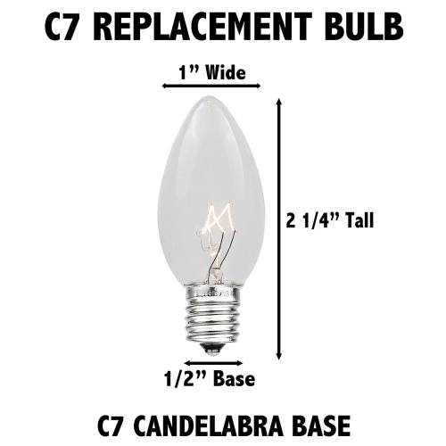 Novelty Lights 25 Pack C7 Outdoor Christmas Replacement Bulbs, C7/E12 Candelabra Base, 5 Watt