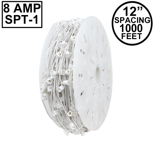 Novelty Lights 1,000 Foot C7 Christmas Stringer Bulk Reel, White Wire, 12" Spacing, Candelabra Base, SPT-1 8 AMP Wire