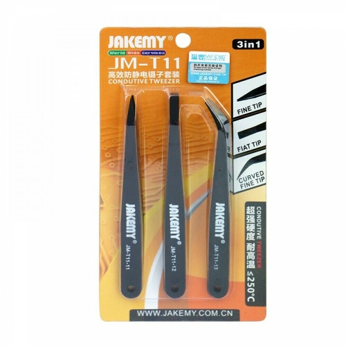 Replacement Anti-Static Heat Resistant Flat Pointed Curved Tweezers 3 Piece Set (Jakemy)