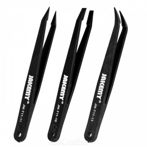 Replacement Anti-Static Heat Resistant Flat Pointed Curved Tweezers 3 Piece Set (Jakemy)