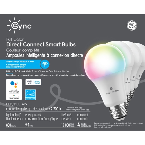 GE  Lighting Cync Direct Connect Smart Bulbs, Full Color A19 Led Smart Light Bulb \w Wireless Control, 60W Replacement, Alexa And Google Home