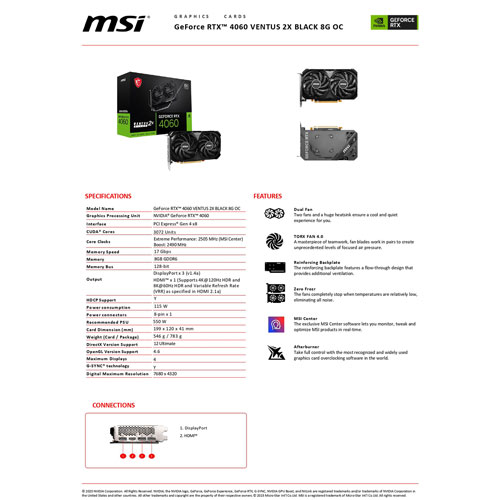 Carte graphique GeForce RTX 4060 VENTUS 2X 8 Go GDDR6 de MSI