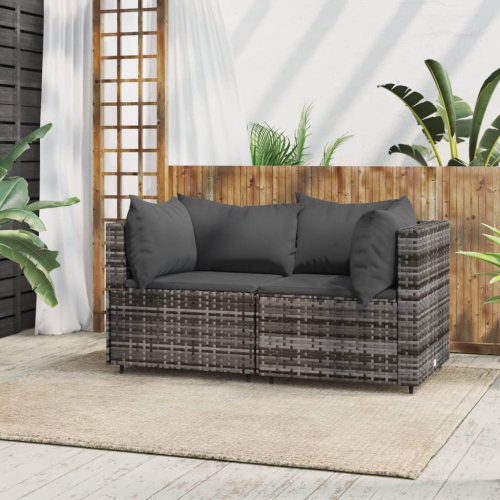 VIDAXL  Garden Corner Sofas With Cushions 2 PCs Grey Poly Rattan