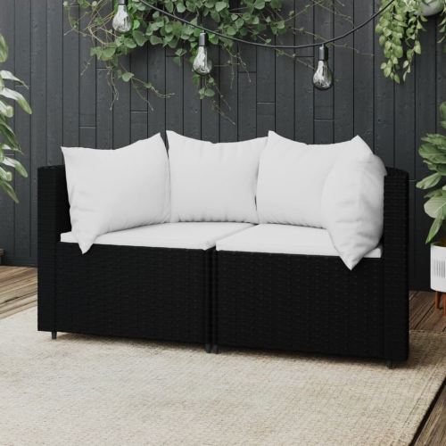 VIDAXL  Garden Corner Sofas With Cushions 2 PCs Black Poly Rattan