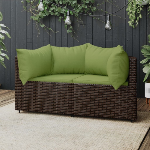 VIDAXL  Garden Corner Sofas With Cushions 2 PCs Brown Poly Rattan