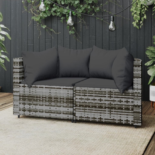 VIDAXL  Garden Corner Sofas With Cushions 2 PCs Grey Poly Rattan