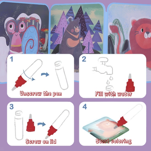 TOOKYLAND Magic Water Coloring Book - 6-Page Reusable Paint-with-Water Drawing Book with Water Pen, Arts & Crafts Gifts and Travel Toys for Kids and