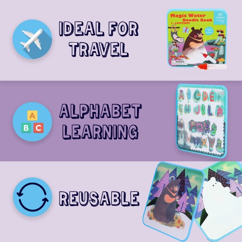 TOOKYLAND Magic Water Coloring Book - 6-Page Reusable Paint-with-Water Drawing Book with Water Pen, Arts & Crafts Gifts and Travel Toys for Kids and