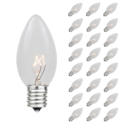 Novelty Lights 25 Pack C7 Outdoor Christmas Replacement Bulbs, C7/E12 Candelabra Base, 5 Watt