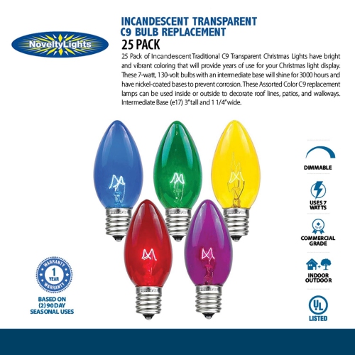 Novelty Lights 25 Pack C9 Outdoor Christmas Replacement Bulbs, E17/C9 Intermediate Base, 7 Watt