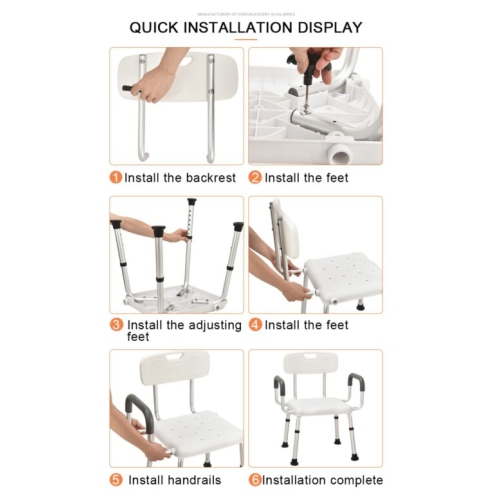 Bath Chair with Handle, Shower Chair, Easy to assemble, no tools required, Aluminum, Height Adjustable, Anti Slip for Safety