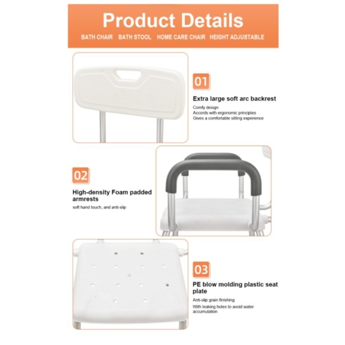 Bath Chair with Handle, Shower Chair, Easy to assemble, no tools required, Aluminum, Height Adjustable, Anti Slip for Safety