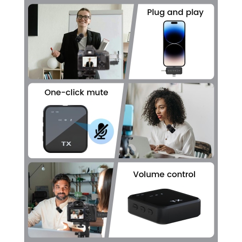 Micro-cravate sans fil 3-en-1 pour iPhone, Android et appareil photo – Portée 328 pi, batterie 20H, micro à suppression du bruit pour vidéo,