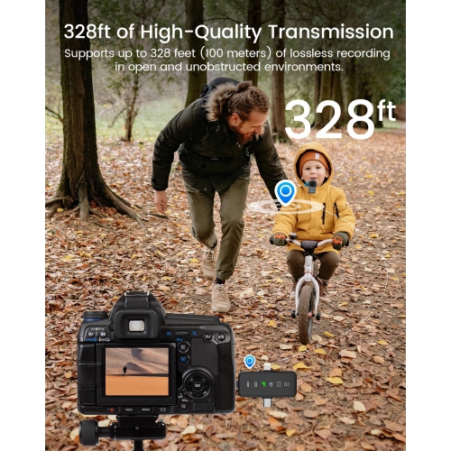 Micro-cravate sans fil 3-en-1 pour iPhone, Android et appareil photo – Portée 328 pi, batterie 20H, micro à suppression du bruit pour vidéo,