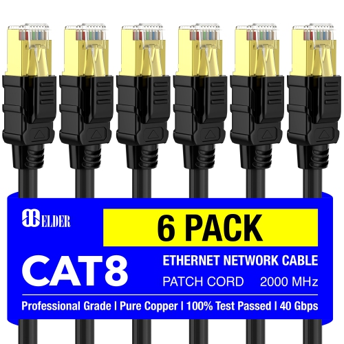 Cat8 Ethernet Cable 1.5ft Network Cable x6 Pack High Speed 40Gbps 2000MHz Patch Cord LAN Heavy Duty Shielded Cat 8 RG45 Cable PoE Internet Wire Outdo