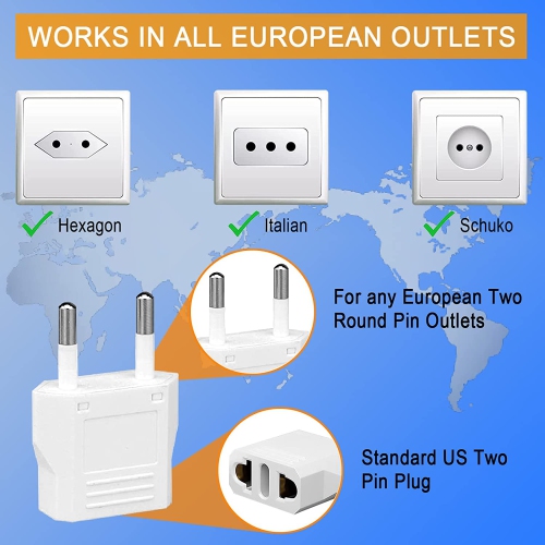 Adaptateur de fiche de voyage européen Tedlin USB-C pour US & CA vers la plupart des pays d'Europe, d'Espagne, d'Allemagne, de France, d'Italie,