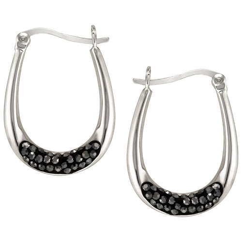 Le Reve Collection Black Crystal Hematite Hoop Earrings in Sterling Silver