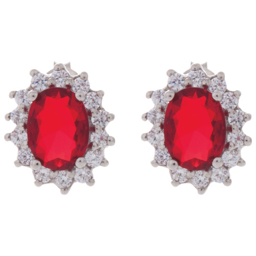 LE REVE SILVER  Le Reve Collection Sterling Silver With Oval Cubic Zirconia Stud Earrings In Red