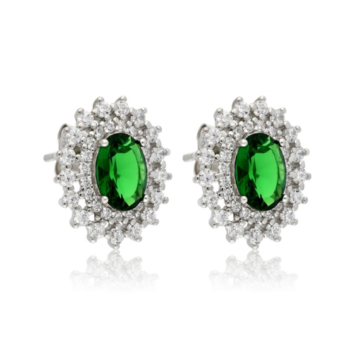 Le Reve Collection Green Glass & White Cubic Zirconia Stud Earrings in Sterling Silver