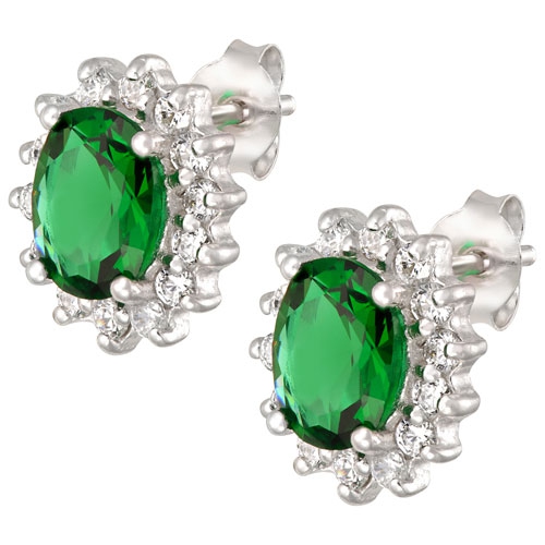 LE REVE SILVER  Le Reve Collection Oval Emerald Cubic Zirconia Stud Earrings In Sterling