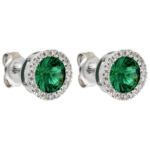 LE REVE GOLD  Le Reve Round Created Emerald & 0.15 Ctw Diamond Halo Stud Earrings In 10K Gold In White