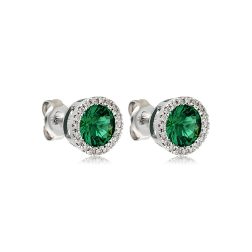 Le Reve Round Created Emerald & 0.15 ctw Diamond Halo Stud Earrings in 10K White Gold