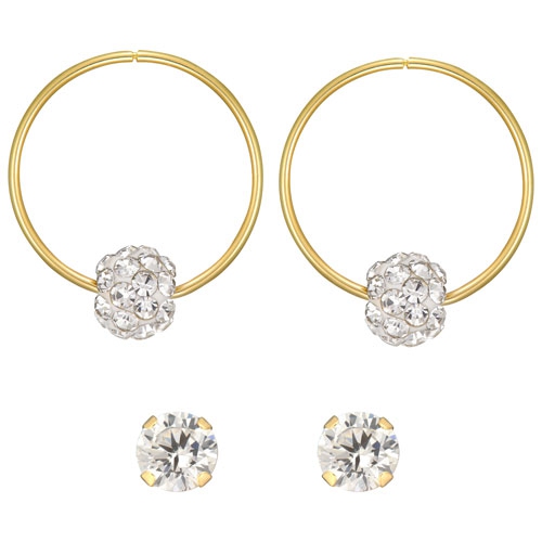 Clous d'oreilles zircons cubiques 4&nbsp;mm et dormeuses 14&nbsp;mm et boucles d'oreilles boule cristal transparent de le Reve Collection