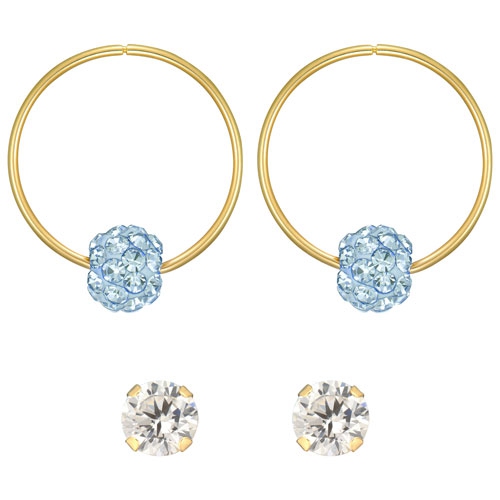 Clous d'oreilles zircons cubiques 4&nbsp;mm et dormeuses 14&nbsp;mm et boucles d'oreilles boule cristal bleu de le Reve Collection
