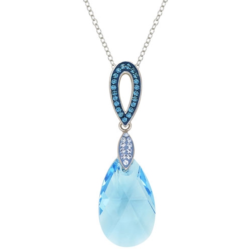 Le Reve Collection Blue Topaz Swarovski Crystal Teardrop Pendant on 18" Rhodium/Sterling Silver Chain