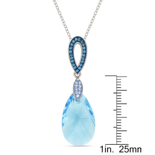 Le Reve Collection Blue Topaz Swarovski Crystal Teardrop Pendant on 18" Rhodium/Sterling Silver Chain