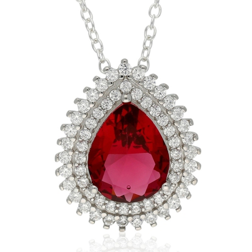 Le Reve Collection Rose Red Glass Pear Crystal Pendant in 18" Sterling Silver Chain