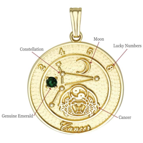 Pendentif cancer en or jaune 10K ct avec émeraude ronde