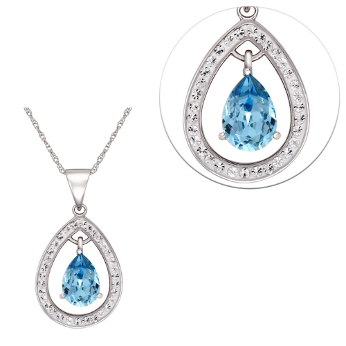 Le Reve Aqua Crystal Framed Teardrop Pendant on 18" Sterling Silver Chain