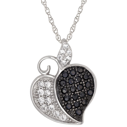 Le Reve Collection Pave Black/White Cubic Zironia Heart Pendant on 18" Sterling Silver Chain