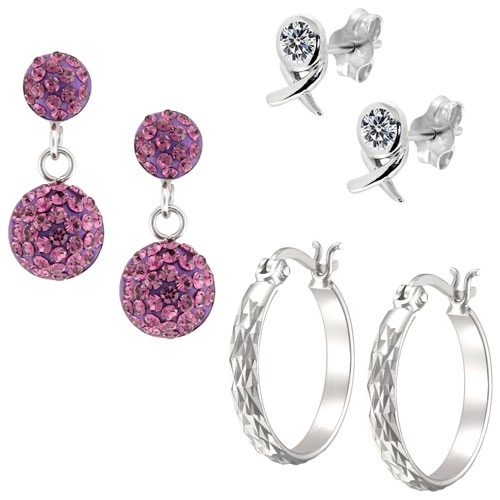 Image 1 of 4.. Le Reve Collection Amethyst Crystal Drop Stud, XO Stud & Hoop Earring Set in Sterling Silver