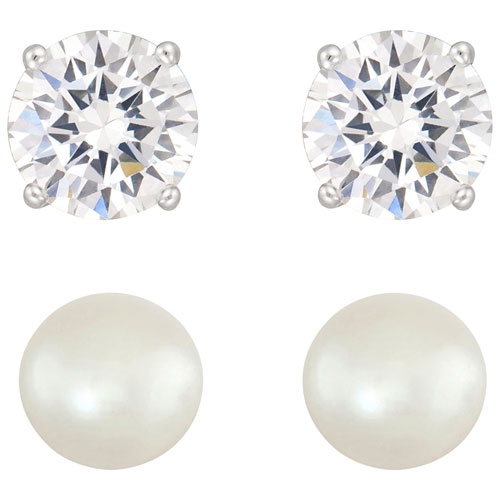 LE REVE COLLECTION  Round Cubic Zirconia Stud & Pearl Stud Earring Set In White