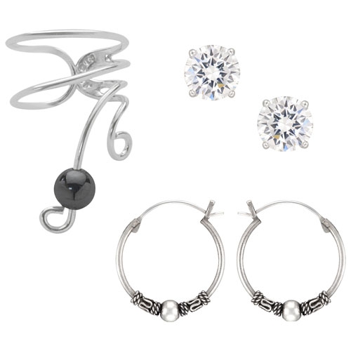 Ensemble anneaux Bali et clous d'oreilles à zircons cubiques et pendentif à bille hématite le Reve Collection