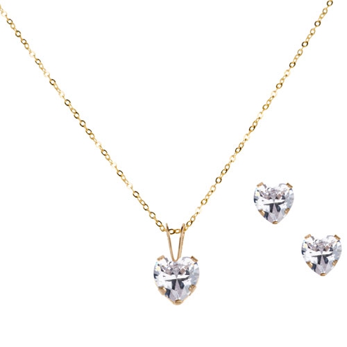 Ensemble avec collier à pendentif en forme de coeur et clous d'oreilles avec zircons cubiques de le Reve Collection
