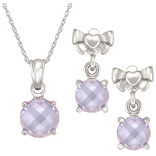 LE REVE SILVER  Le Reve Collection 6MM Checkerboard Lilac Cubic Zirconia Pendant & Earring Set In Sterling