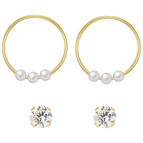 LE REVE GOLD  Le Reve Collection Hoop With Pearls & Cubic Zirconia Stud Earrings Set In 10K Gold In Yellow