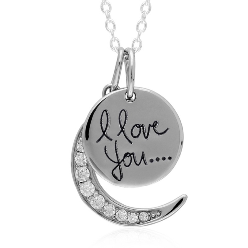 Le Reve Collection I Love You Moon Pendant with Round Cubic Zirconia in 18" Sterling Silver Chain