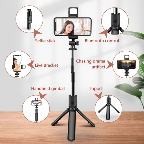 Trépied pour perche à égoportrait 3-en-1 avec lampe rechargeable et télécommande sans fil – Rotation à 360°, portée 10 m, support pliable et