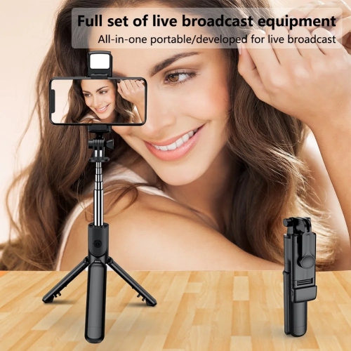 Trépied pour perche à égoportrait 3-en-1 avec lampe rechargeable et télécommande sans fil – Rotation à 360°, portée 10 m, support pliable et