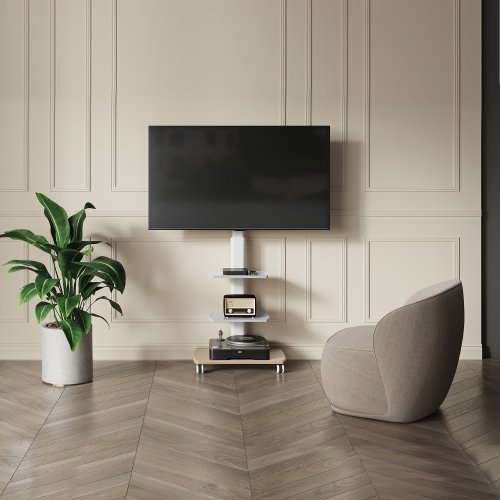 FITUEYES TV Stand with Wheels White 3 Tier for 32 to 70 Inch TV LCD LED Screen Mobile TV Cart with Swivel 60 Degree and Height Adjustable