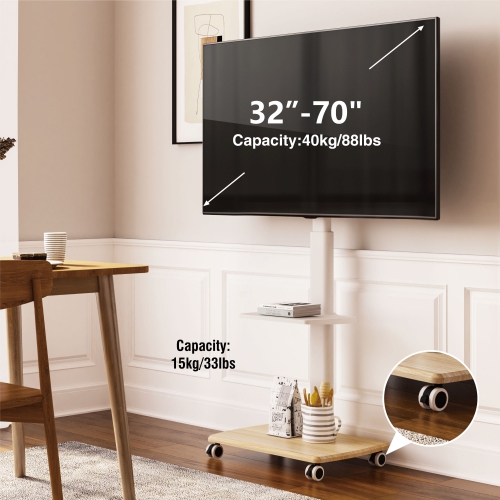 FITUEYES TV Stand with Wheels White 2 Tier for 32 to 70 Inch TV LCD LED Screen Mobile TV Cart with Swivel 60 Degree and Height Adjustable