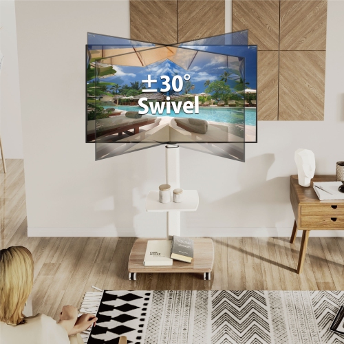 FITUEYES TV Stand with Wheels White 2 Tier for 32 to 70 Inch TV LCD LED Screen Mobile TV Cart with Swivel 60 Degree and Height Adjustable